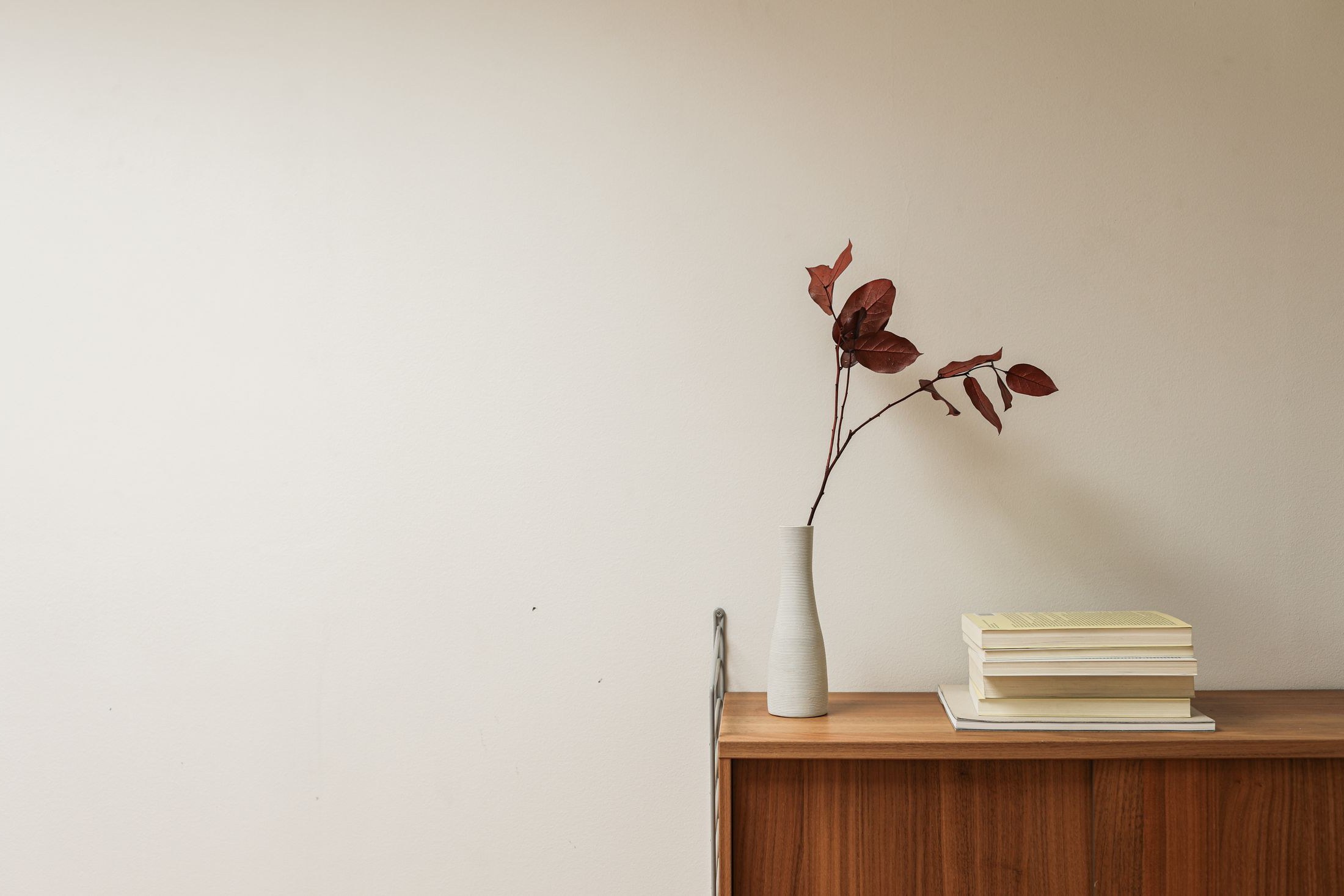 A slim white vase holding a dried branch beside a small stack of books on a wooden console, against a calm, sunlit wall